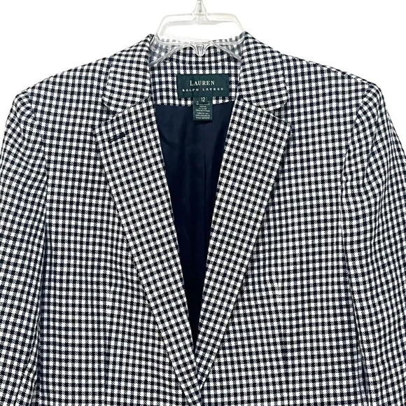 VTG Lauren Ralph Lauren 80s Linen Navy Checkered Oversized Blazer Jacket Sz 12 - Picture 3 of 6